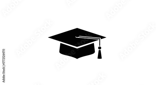 Black and white graduation cap with tassel on white background.