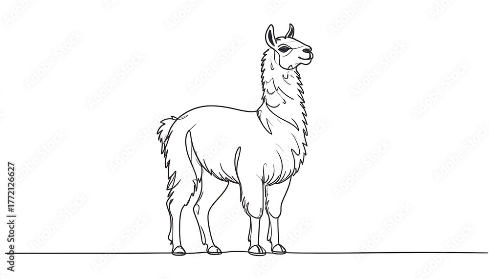 Fototapeta premium Black and white illustration of a llama standing on a ground line