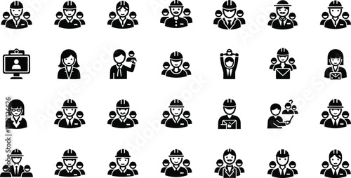 Collection of diverse professional occupation icons including police officers firefighters and mourners isolated on transparent background