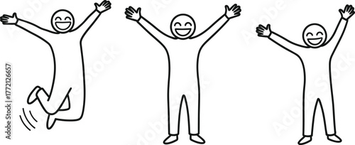 Simple line art depicting happiness and joyful figures with a smiling head isolated on transparent background