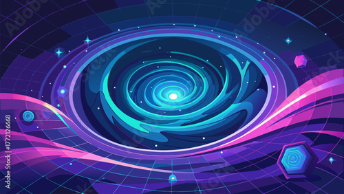 Abstract Galaxy Swirl with Neon Wormhole Effect Traversing Time and Space on a Gridded Landscape for a Cosmic Voyage Illustration.