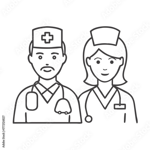 Doctor and Nurse icon set in line style. medical personnel on white background, vector illustration
