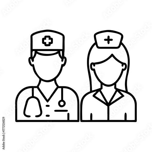 Doctor and Nurse icon set in line style. medical personnel on white background, vector illustration

