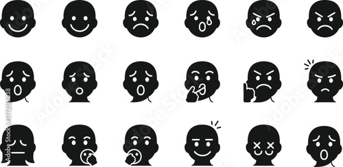 Collection of black and white cartoon faces expressing various emotions isolated on transparent background