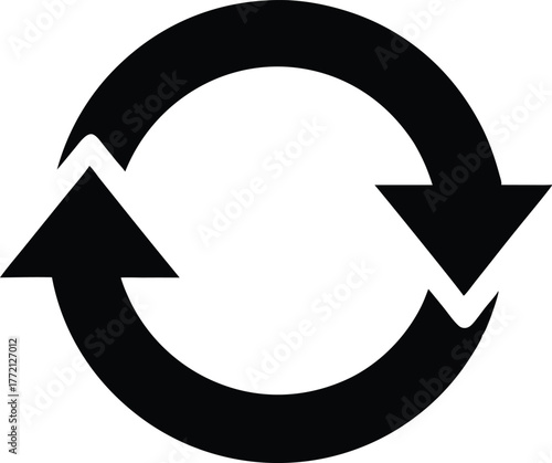 Recycle or rotation symbol in black and white design. Looping arrow vector representing update or sync