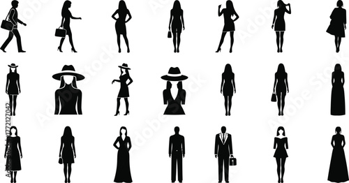 Collection of diverse female and male silhouettes in fashionable business attire walking and standing isolated on transparent background