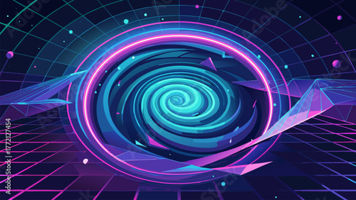 Whirlpool Portal Illustration with Neon Light and Futuristic Gridded Landscape for Time Travel and Dimensional Gateway Concepts.