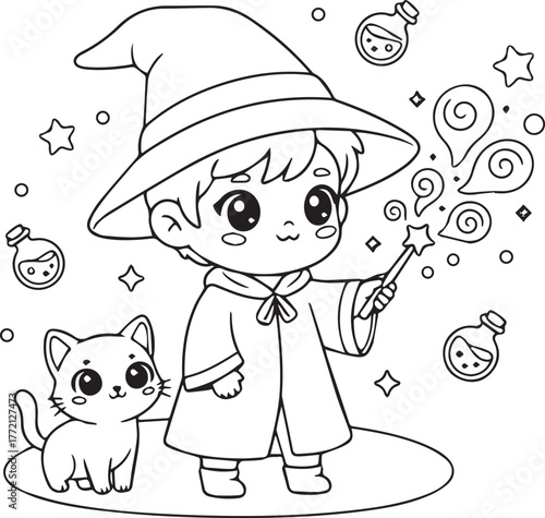Cute Little Wizard Child Casting Spells with Cat Familiar - Line Art Coloring Page