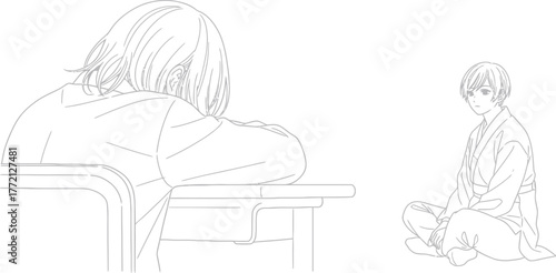 A person kneeling in front of a seated figure with long hair a simple sketch depicting a moment of contemplation or prayer