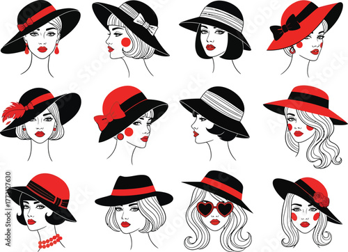 Collection of stylish women wearing fashionable hats and sunglasses in a vibrant artistic illustration