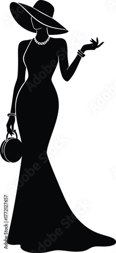 Elegant silhouette of a woman in a black evening gown and wide brim hat holding a handbag