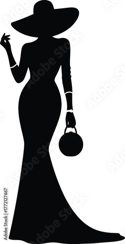 Elegant black silhouette of a woman in a long gown and wide brim hat holding a purse