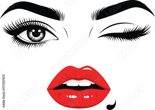 Close up of a woman s expressive eyes and bright red lips winking with a playful and alluring expression