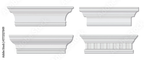 White Plaster Cornice and Skirting Molding Vector Set – Elegant interior trims, wall ledges, and ceiling border designs for realistic home decor and architectural rendering.