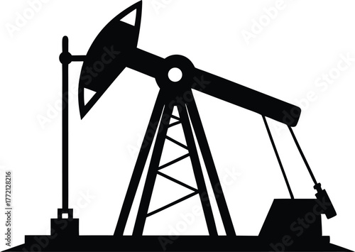 Oil pump jack or petrol pumpjack flat vector icon, A black silhouette of an oil pump jack against a white background