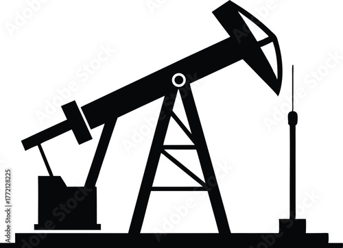 Oil pump jack or petrol pumpjack flat vector icon, A black silhouette of an oil pump jack against a white background