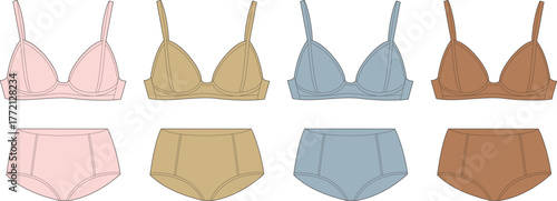 Four Sets of Lingerie in Pink, Beige, Blue, and Brown