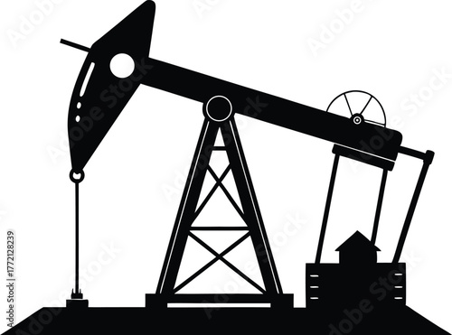 Oil pump jack or petrol pumpjack flat vector icon, A black silhouette of an oil pump jack against a white background