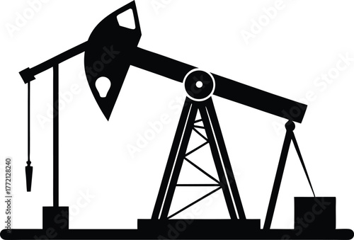 Oil pump jack or petrol pumpjack flat vector icon, A black silhouette of an oil pump jack against a white background