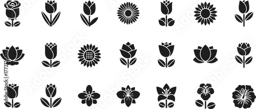 Collection of twenty distinct floral silhouette icons representing various flowers and plants isolated on transparent background