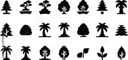 Collection of diverse black silhouette tree icons and illustrations representing various plant species isolated on transparent background
