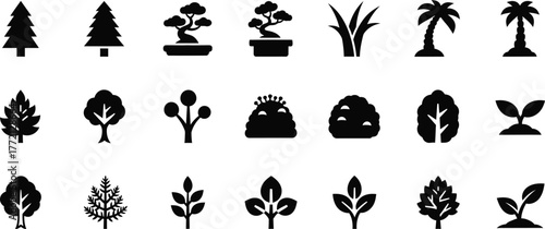 Collection of diverse stylized black plant and tree silhouette icons isolated on transparent background