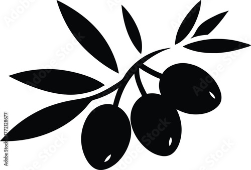 Olive branch with leaves and ripe olives black silhouette vector, Drawing olives branch silhouette decor vector illustration