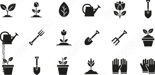Collection of gardening icons including plants tools and watering cans isolated on transparent background
