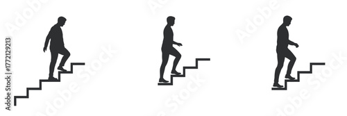 Person Walking Up Stairs Vector Icon Set – Symbol of progress, growth, and achievement in an urban environment, perfect for business, success, and personal development concepts.