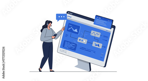 Customer Service Representative Explaining Data on Monitor.