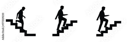 Walking Up Stairs Icon Collection – Vector symbols showing human progress, ambition, and success steps for corporate, urban, and educational design projects.