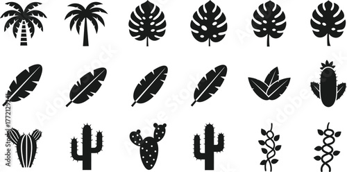 Collection of tropical plant silhouettes including palm trees monstera leaves and cacti isolated on transparent background