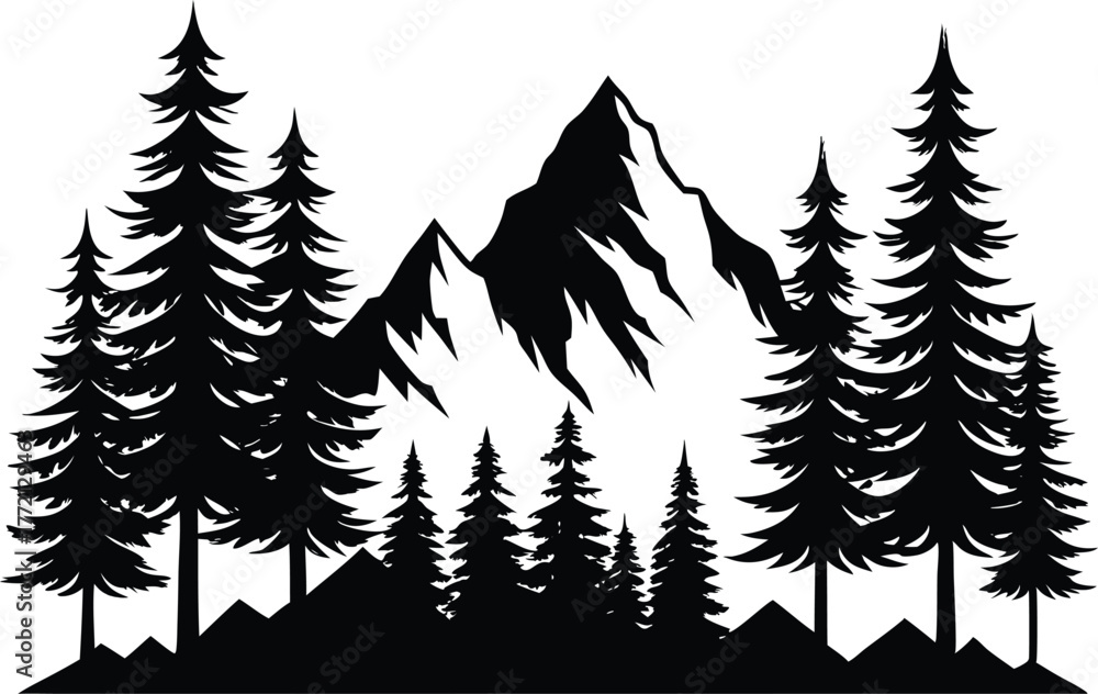 Obraz premium Pine Trees and Mountains Silhouette Landscape Vector, Mountain Range with Pine Trees Silhouette Vector Illustration.