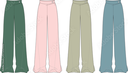 Elegant wide-leg trousers fashion flat sketch set. Womenswear apparel design template in multiple colors for clothing collections