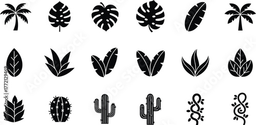 Collection of black tropical plant and animal silhouettes isolated on transparent background