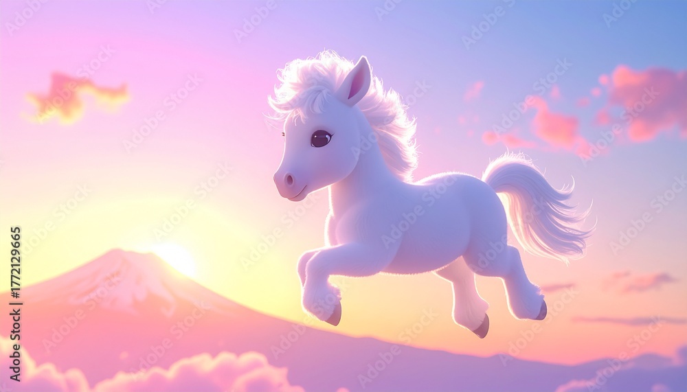 Fototapeta premium 富士山と日の出を背景に雲海を走るかわいい白馬の3Dイラスト 午年の年賀状素材