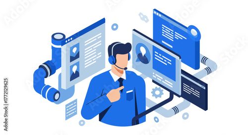 Isometric Illustration of Customer Service Representative with Headset.