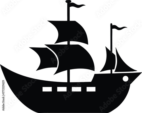 Pirate Ship Skull Flag Icon Vector, Silhouette of a pirate ship with sails and a skull and crossbones on the hull sailing vector illustration.