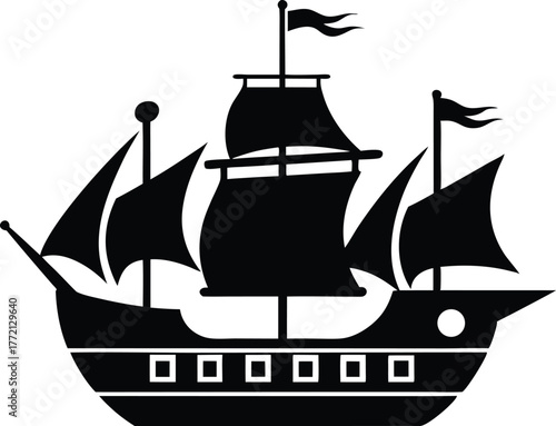Pirate Ship Skull Flag Icon Vector, Silhouette of a pirate ship with sails and a skull and crossbones on the hull sailing vector illustration.