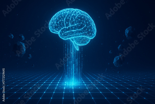 Futuristic Glowing Blue Brain – Cyber Neural Network Digital Art