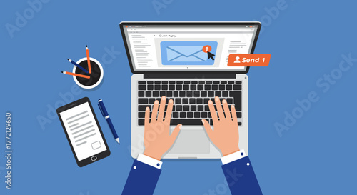 Laptop with Hands Typing and Email Notification.