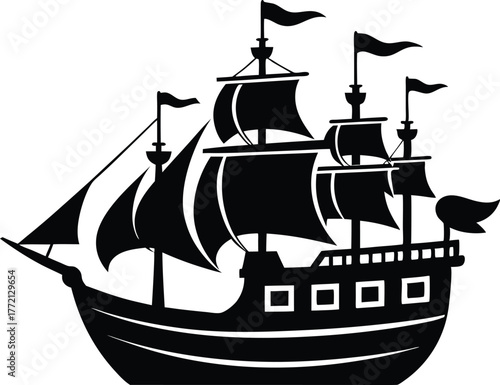 Pirate Ship Skull Flag Icon Vector, Silhouette of a pirate ship with sails and a skull and crossbones on the hull sailing vector illustration.