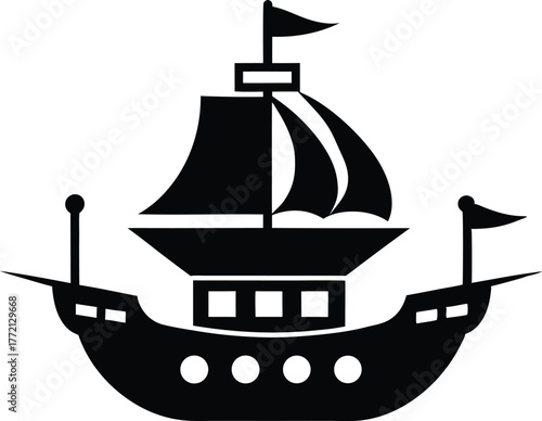 Pirate Ship Skull Flag Icon Vector, Silhouette of a pirate ship with sails and a skull and crossbones on the hull sailing vector illustration.