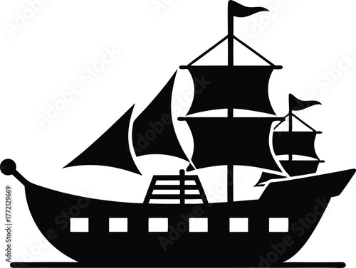 Pirate Ship Skull Flag Icon Vector, Silhouette of a pirate ship with sails and a skull and crossbones on the hull sailing vector illustration.
