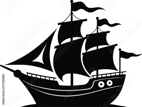 Pirate Ship Skull Flag Icon Vector, Silhouette of a pirate ship with sails and a skull and crossbones on the hull sailing vector illustration.