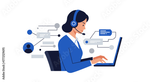 Female Customer Service Representative Working on Laptop.