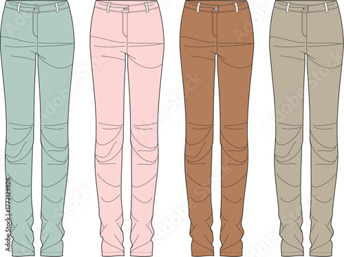 Vector fashion illustration set of women's slim fit pants in multiple colors, featuring detailed knee paneling and stitching design for apparel mockups