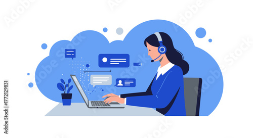 Customer Service Representative Working on Laptop with Headset.