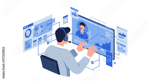 Customer Service Representative Using Headset and Computer Screen.
