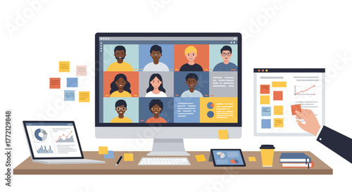 Online Meeting with Diverse Participants on Computer Screen.